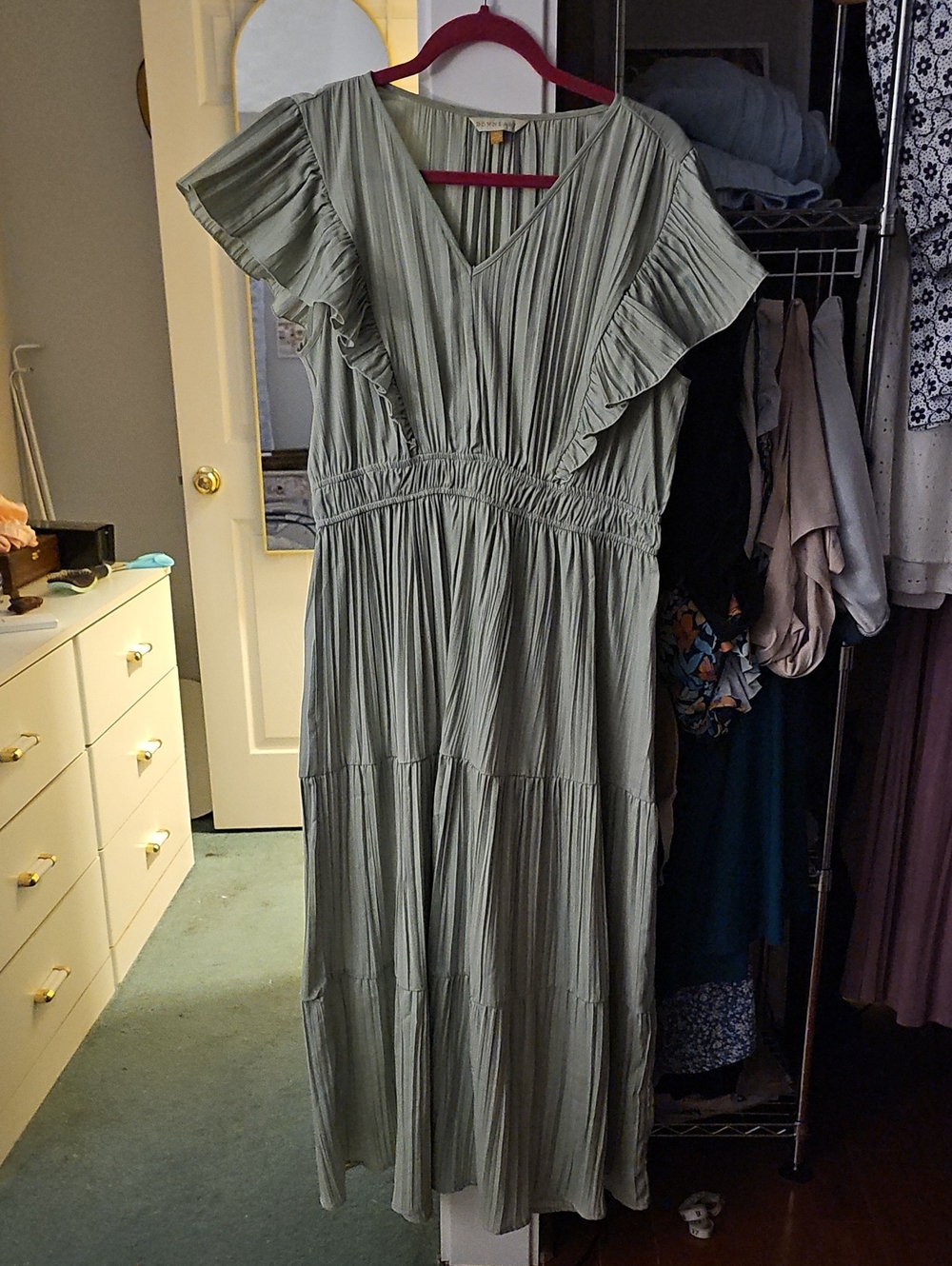DownEast Sage Green Pleated V-Neck Ruffle Sleeve Maxi Dress